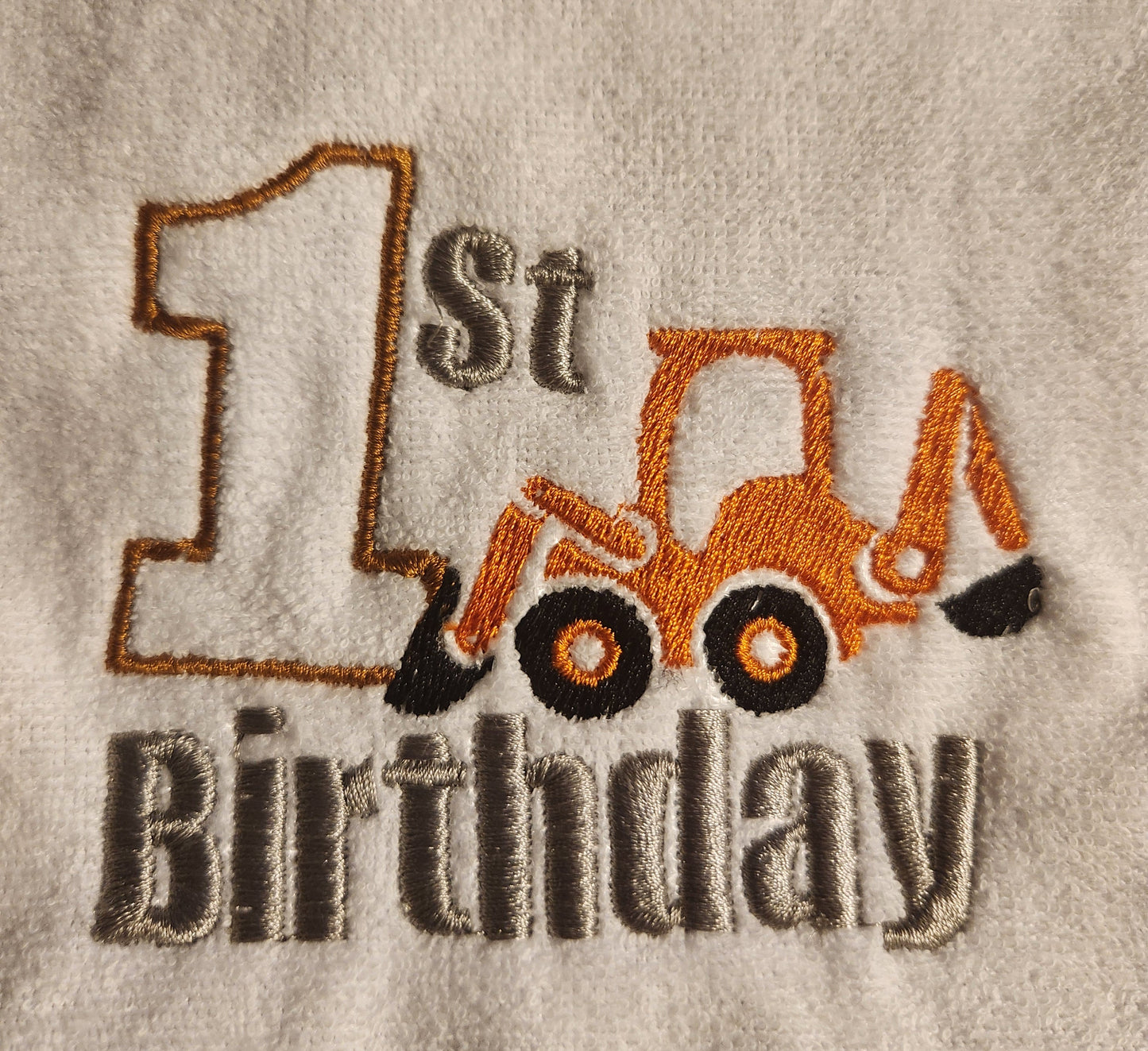 Embroidered My First Birthday Bib-Orange Backhoe