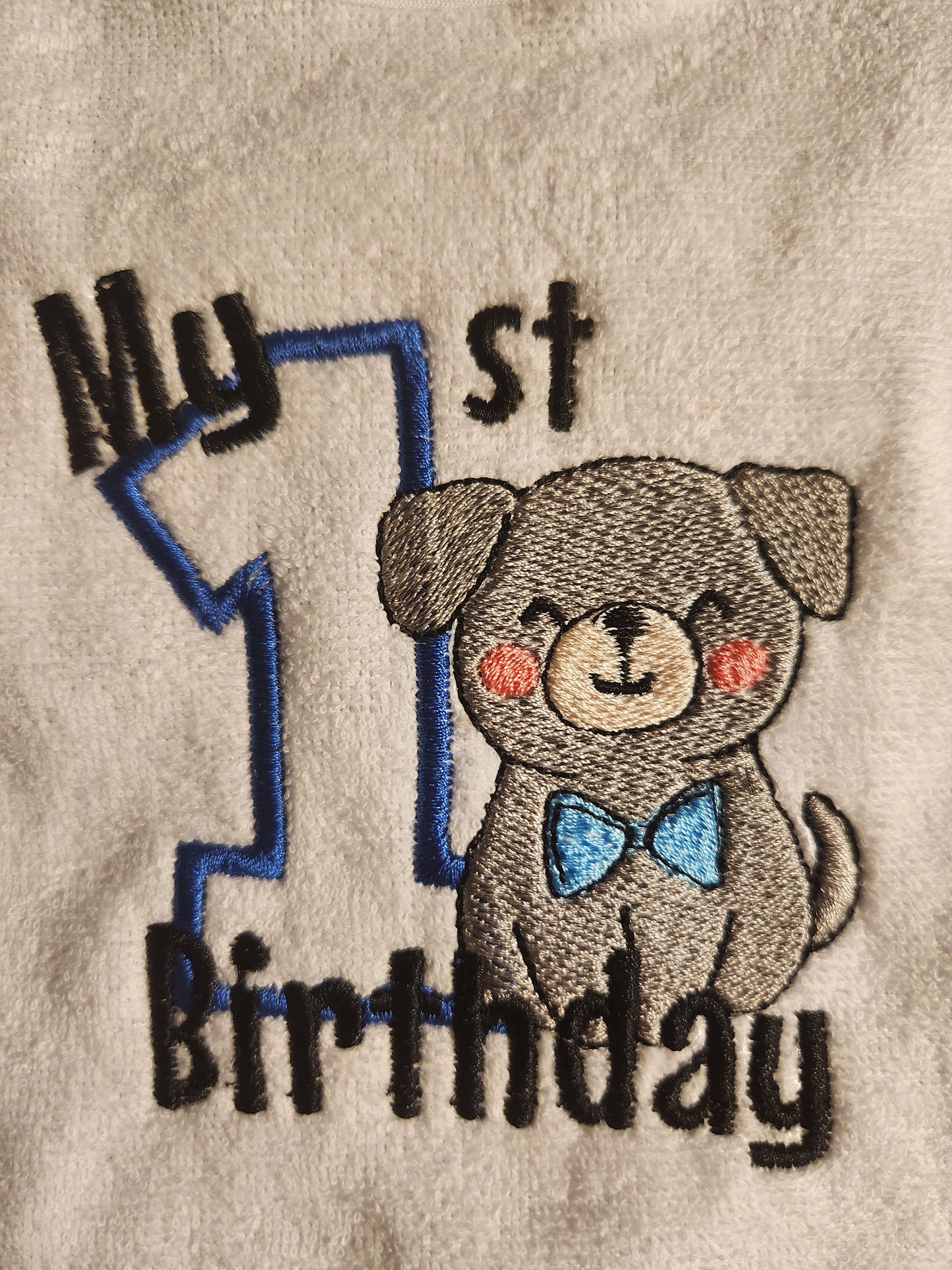 Embroidered My First Birthday Bib-Blue with Puppy