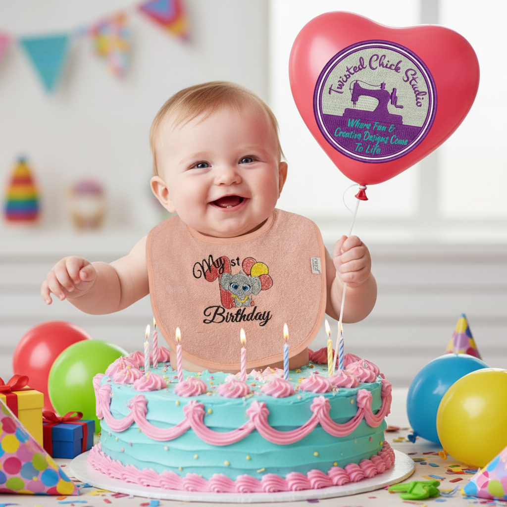Embroidered My First Birthday bib- Pink number and balloons-Infant size