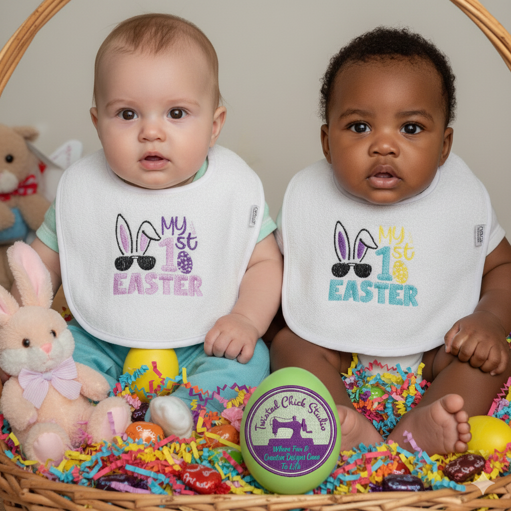 Embroidered My First Easter Bib Bunny with Sunglasses-Pink Infant size