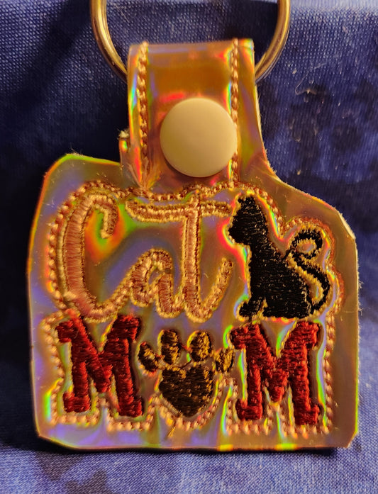 Cat mom Embroidered Holographic Keychain
