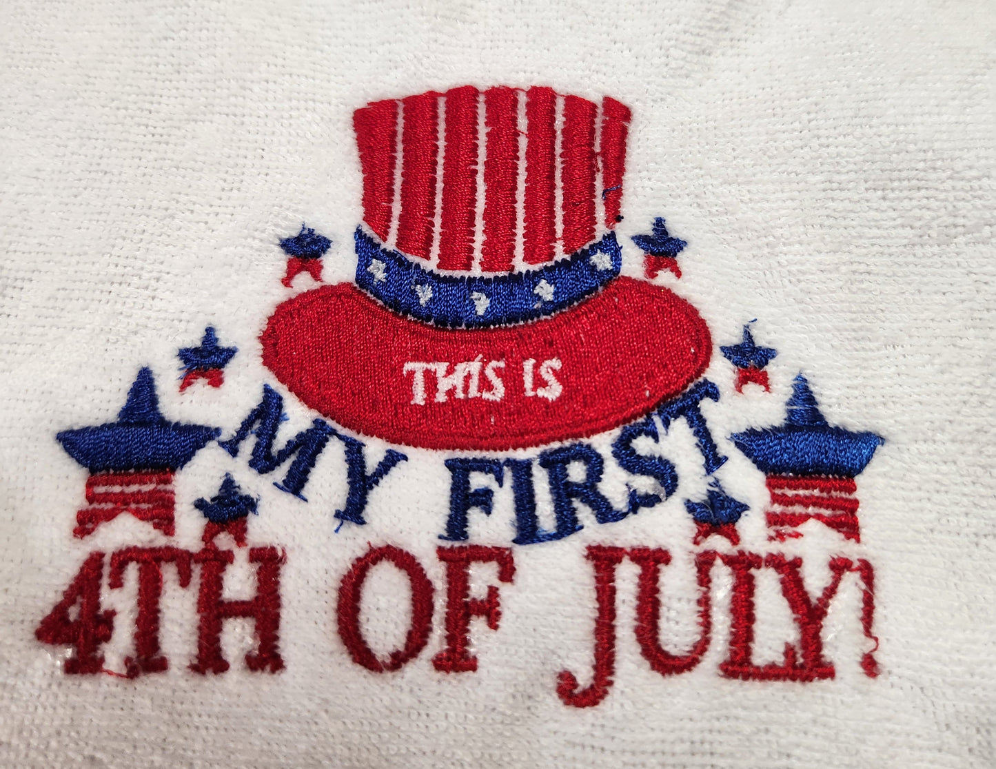 Embroidered My First 4th of July Bib with Patriotic Hat and Stars- 3+ Months