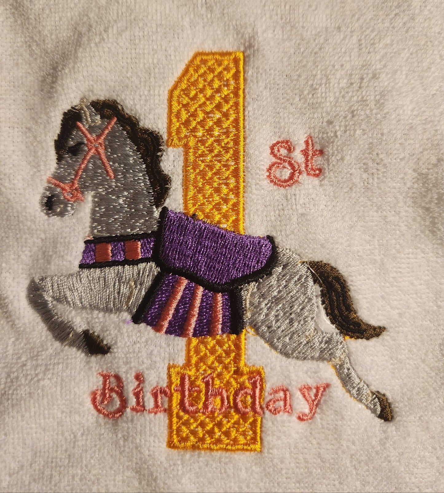 Embroidered My First Birthday Bib-Pink and Purple Carousel horse