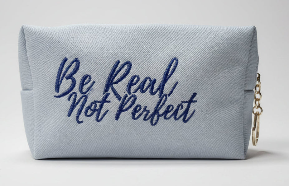 Small Be Real Not Perfect Embroidered Cosmetic bag-Light blue