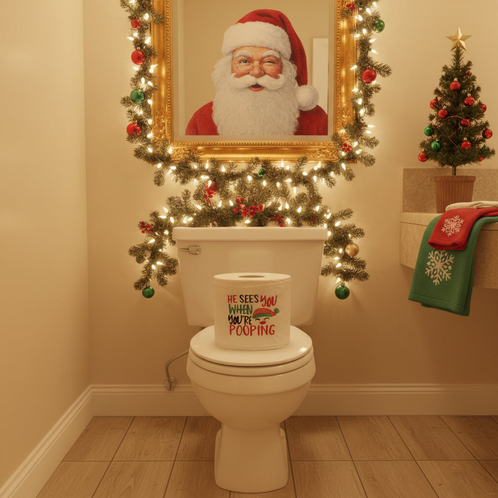 He sees you when your... Embroidered Toilet Paper cover