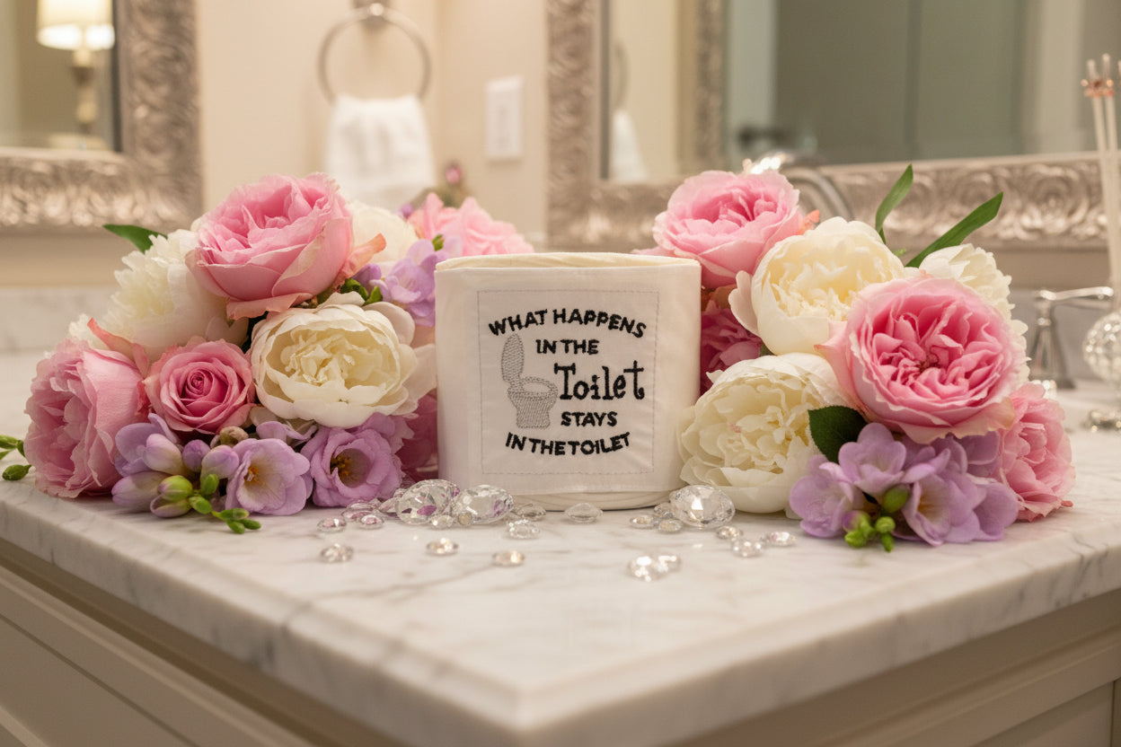 What Happens in the toilet stays in the toilet Embroidered Toilet Paper cover