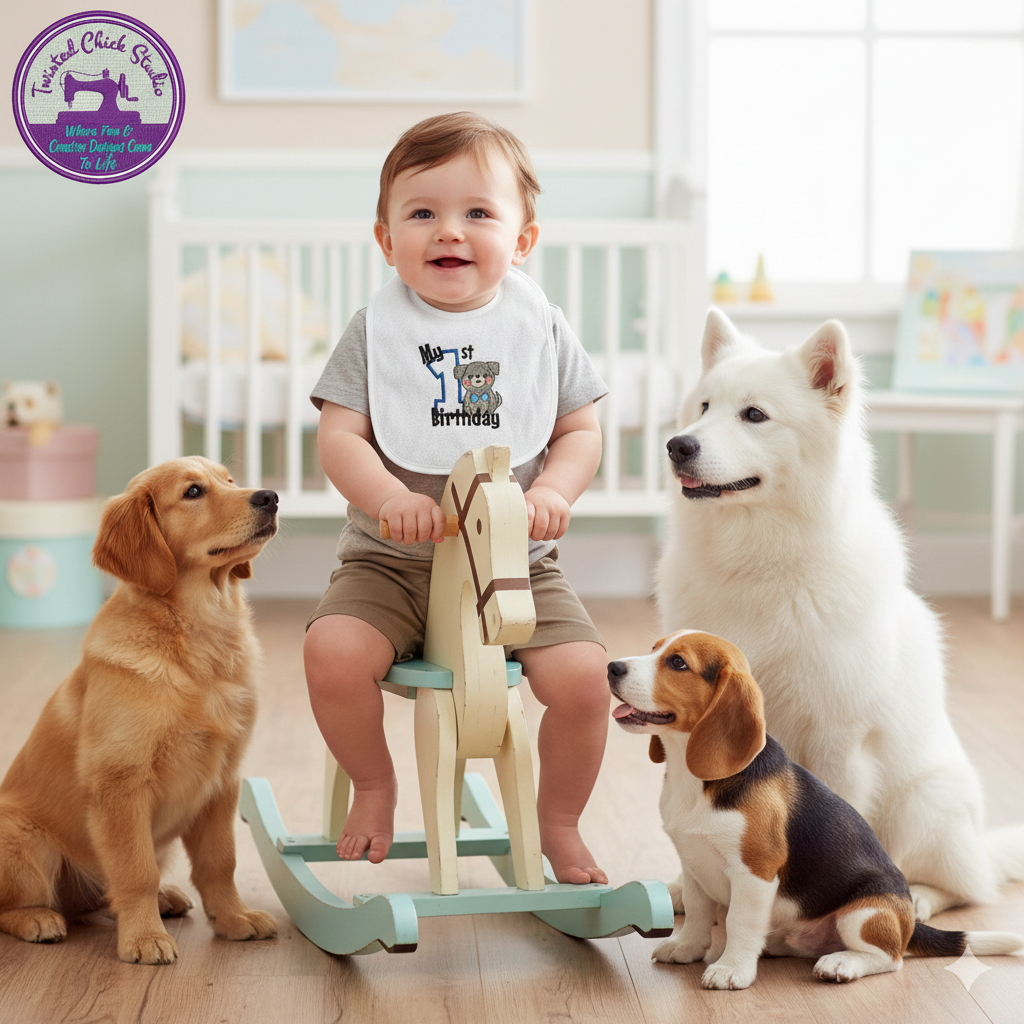 Embroidered My First Birthday Bib-Blue with Puppy