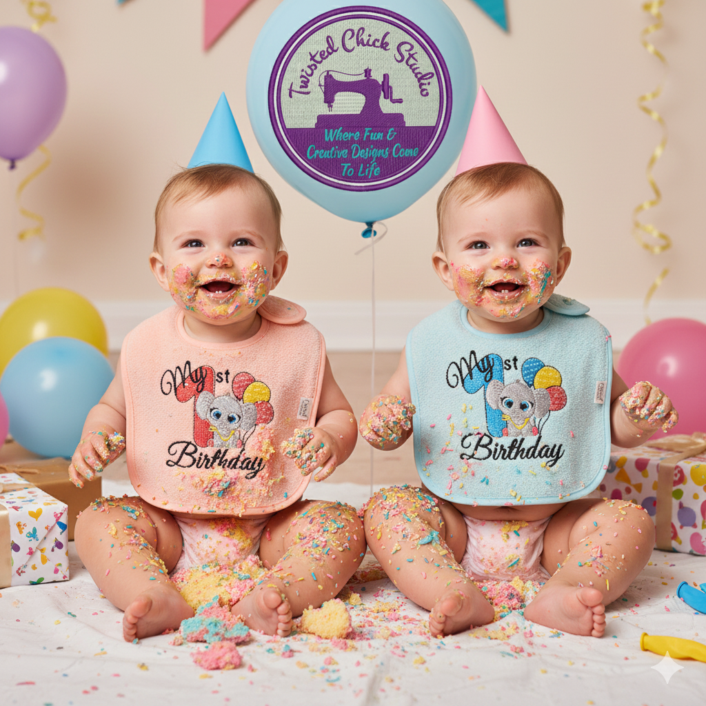 Embroidered My First Birthday bib- Blue number and Balloons- Infant size