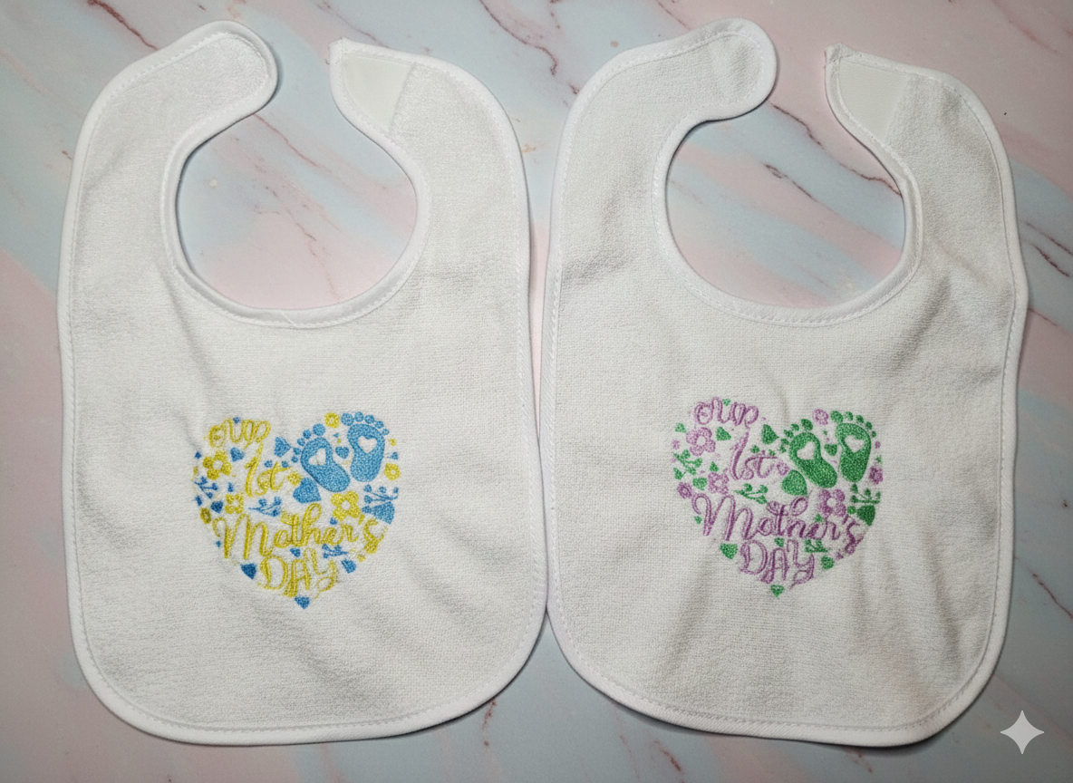 Embroidered Our First Mothers Day Bib-Teal and Lavender Heart