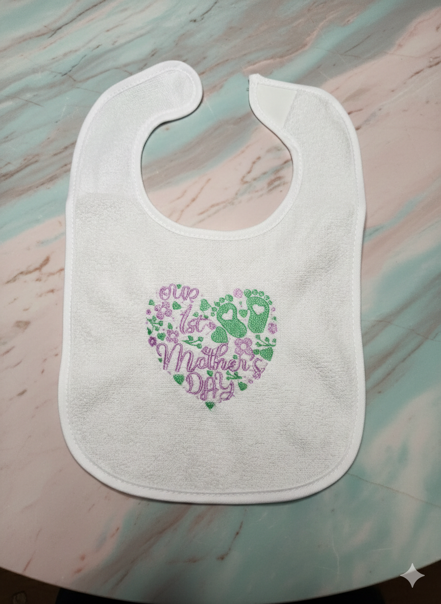 Embroidered Our First Mothers Day Bib-Teal and Lavender Heart