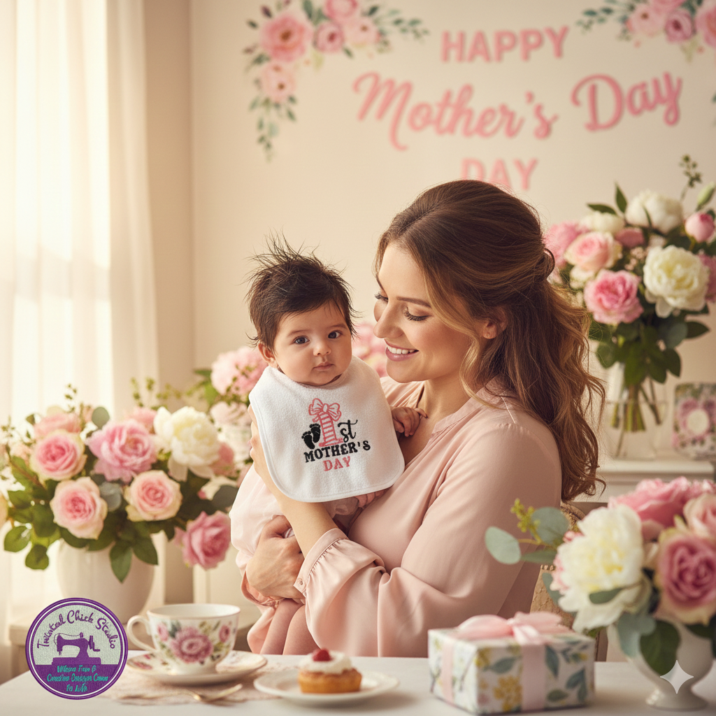 Embroidered My First Mothers Day Bib- Pink