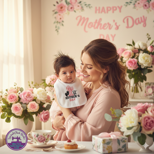 Embroidered My First Mothers Day Bib- Pink