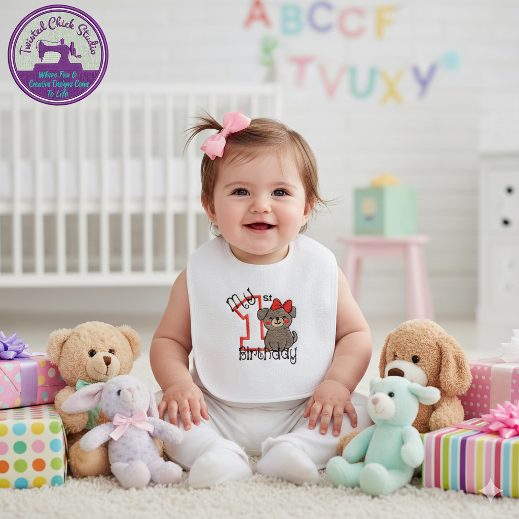 Embroidered My First Birthday Bib-Pink with Puppy