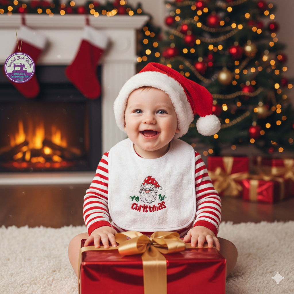 Embroidered My First Christmas with Santa face - 3+ Months