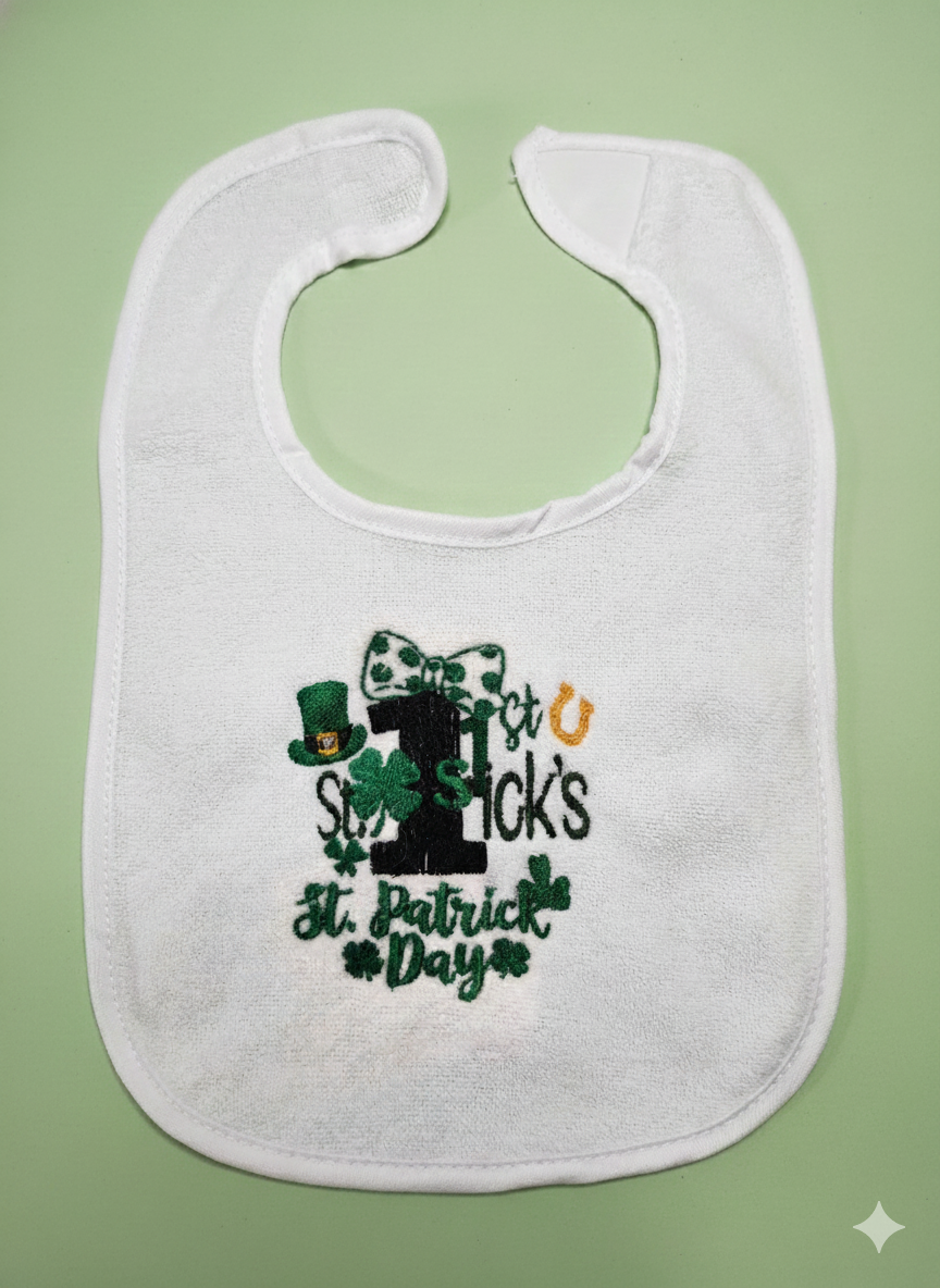 Embroidered My First St Patrick's Day Bib with cute bow - 3+ Months