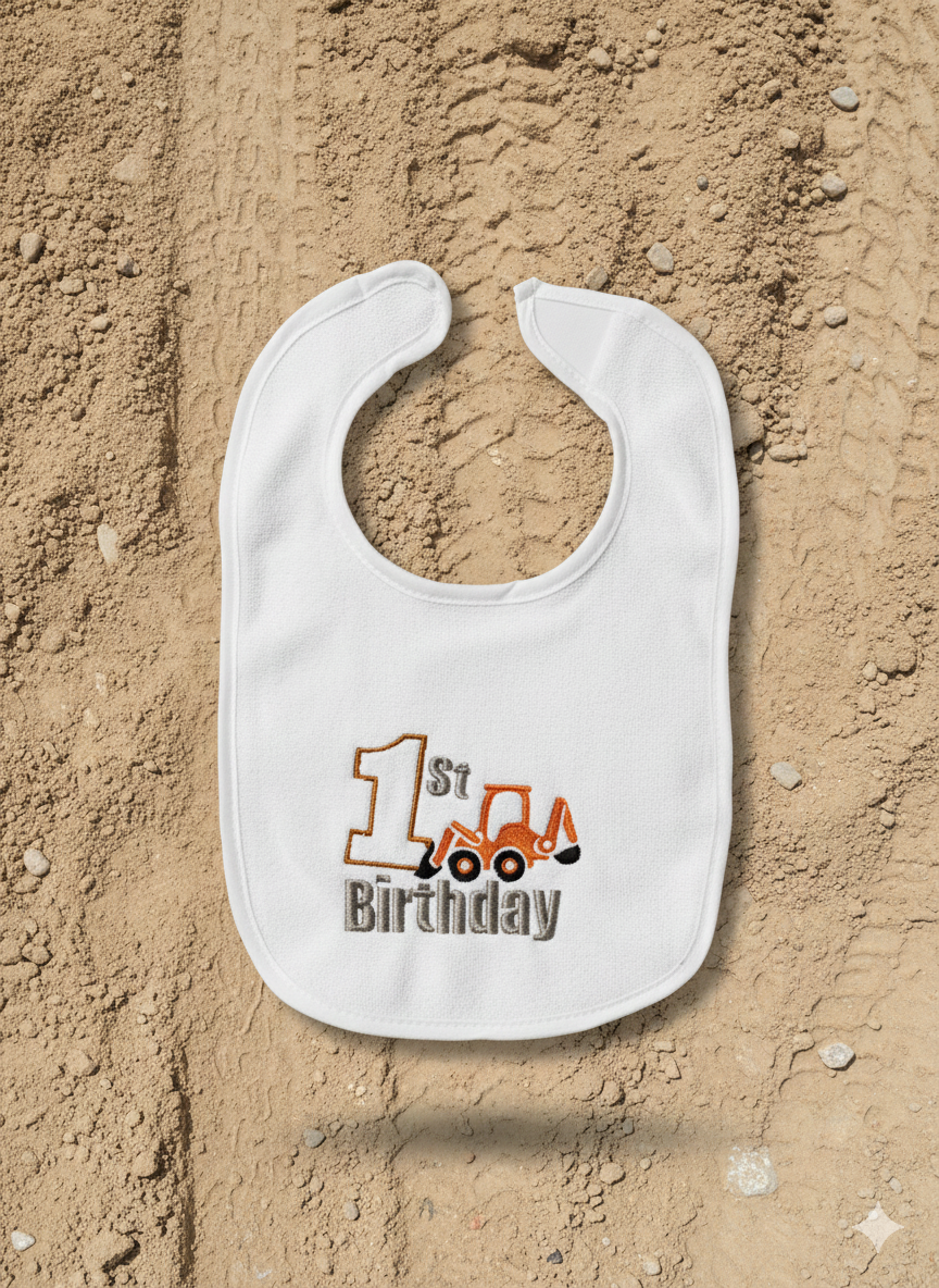 Embroidered My First Birthday Bib-Orange Backhoe
