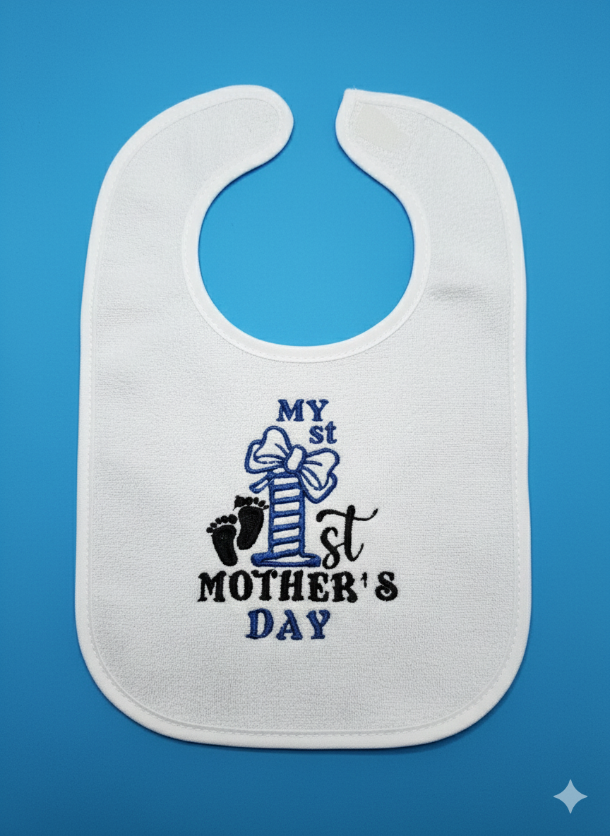 Embroidered My First Mothers Day Bib- Blue