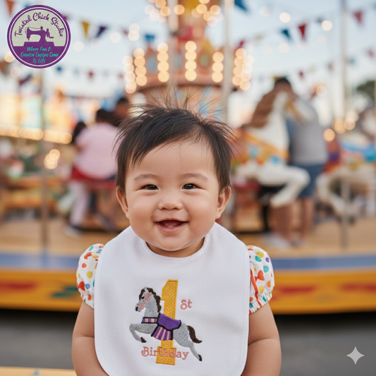 Embroidered My First Birthday Bib-Pink and Purple Carousel horse