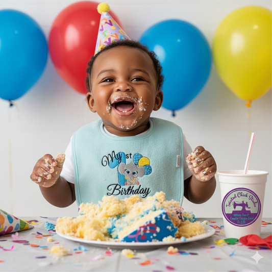 Embroidered My First Birthday bib- Blue number and Balloons- Infant size