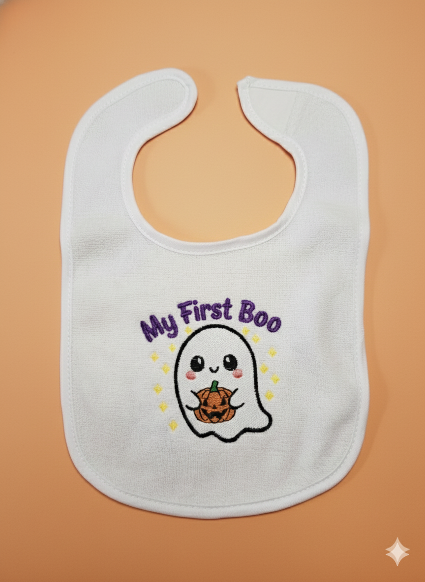 Embroidered My First Halloween Bib with Playful "My First Boo" Ghost - 3+ Months