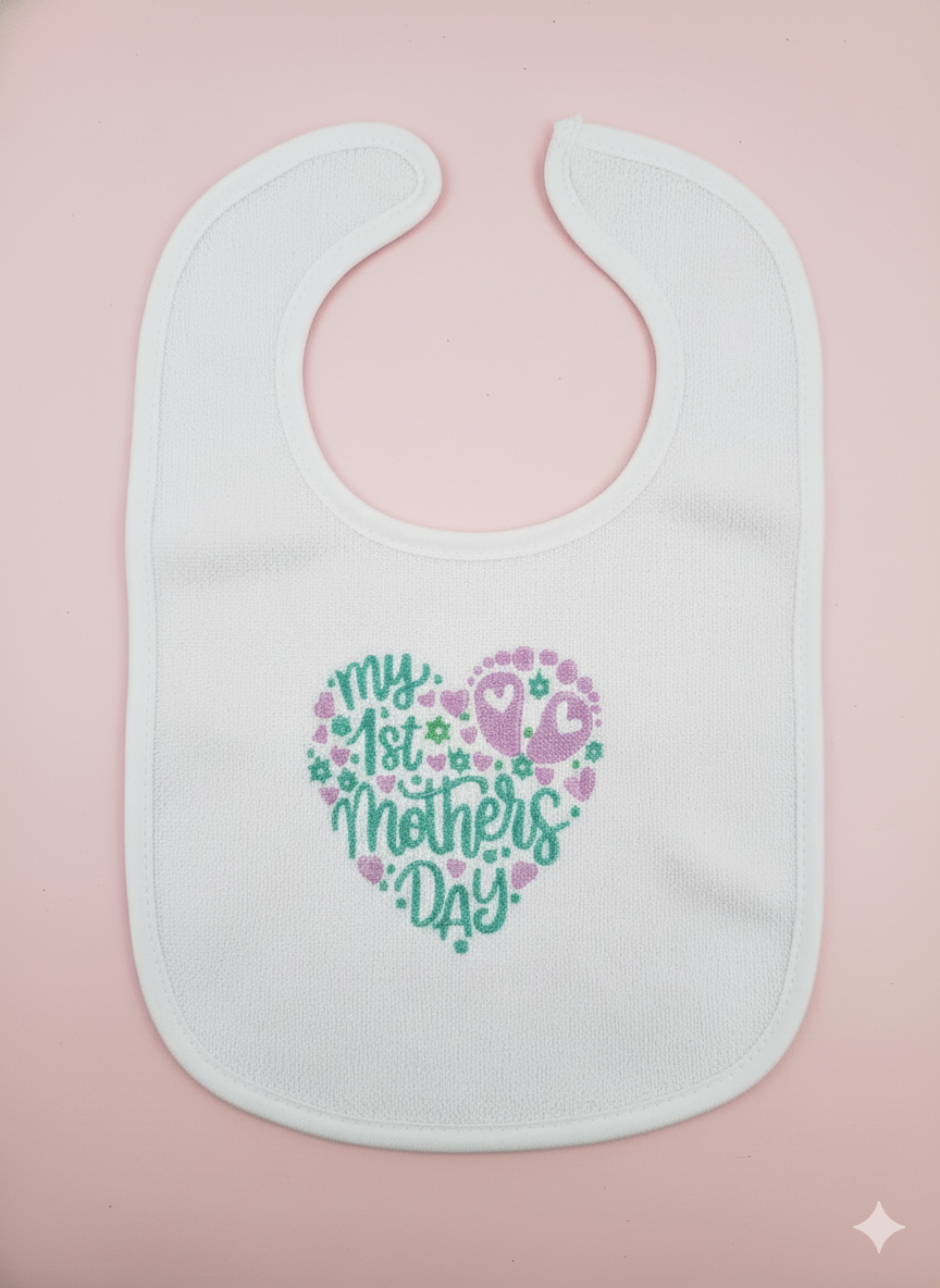 Embroidered My First Mothers Day Bib-Teal and Lavender Heart