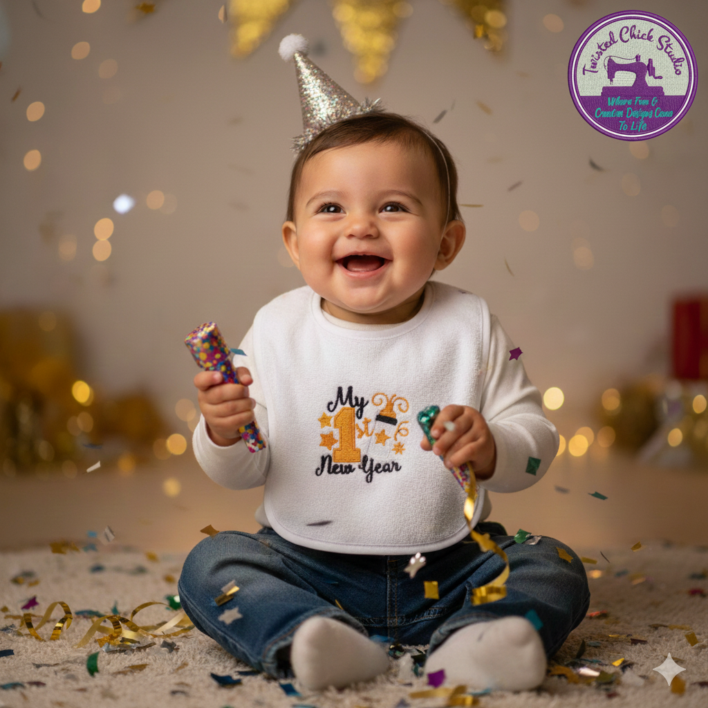 Embroidered My First New Years Bib - 3+ Months
