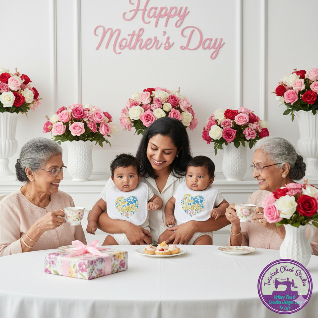 Embroidered Our First Mothers Day Bib-Teal and Lavender Heart