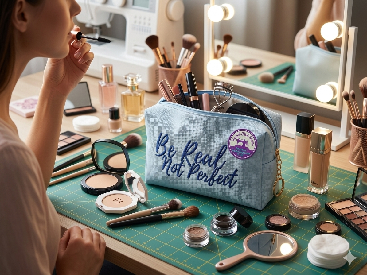 Small Be Real Not Perfect Embroidered Cosmetic bag-Light blue