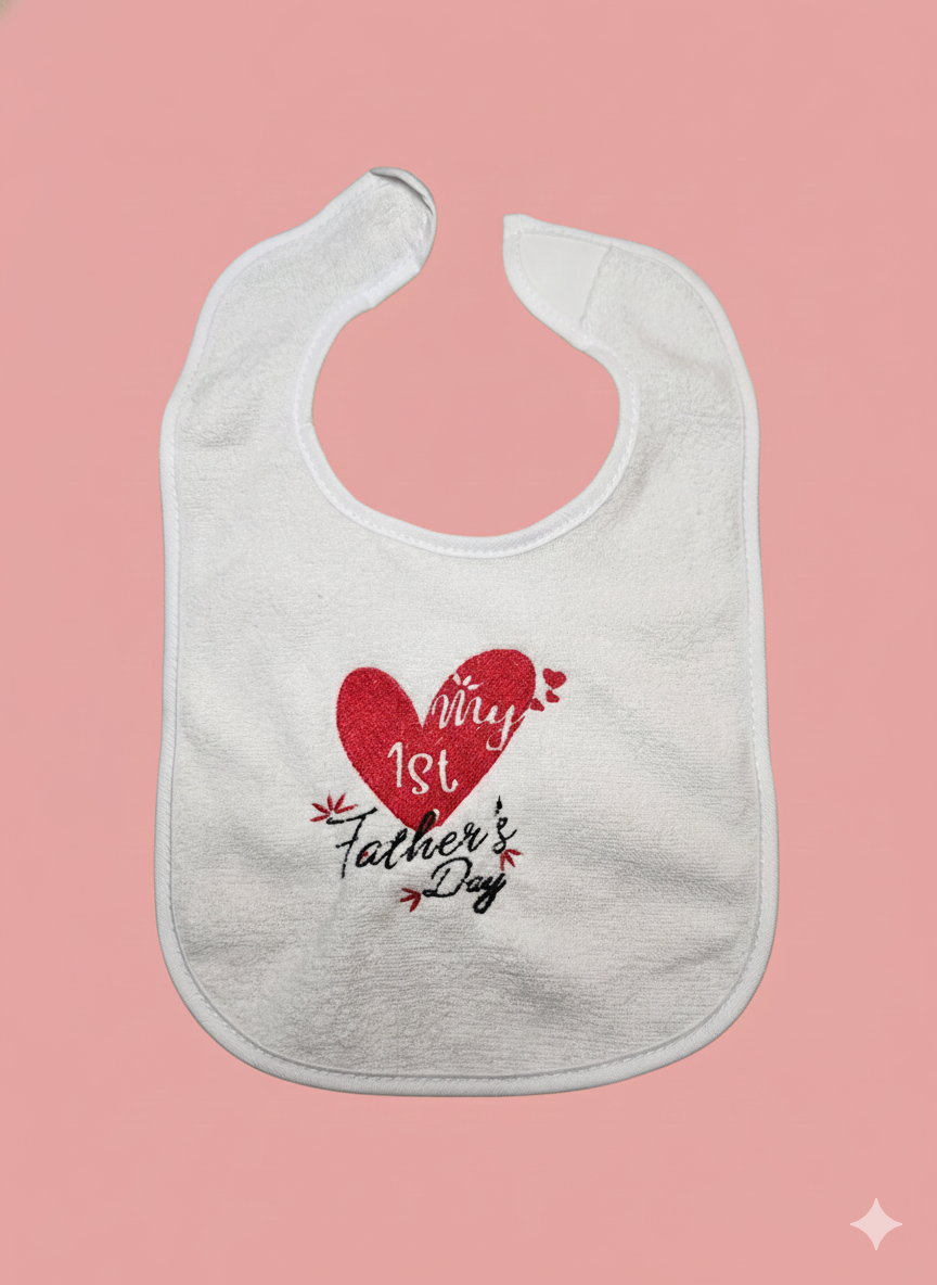 Embroidered My First Fathers Day bib With Big Red Heart