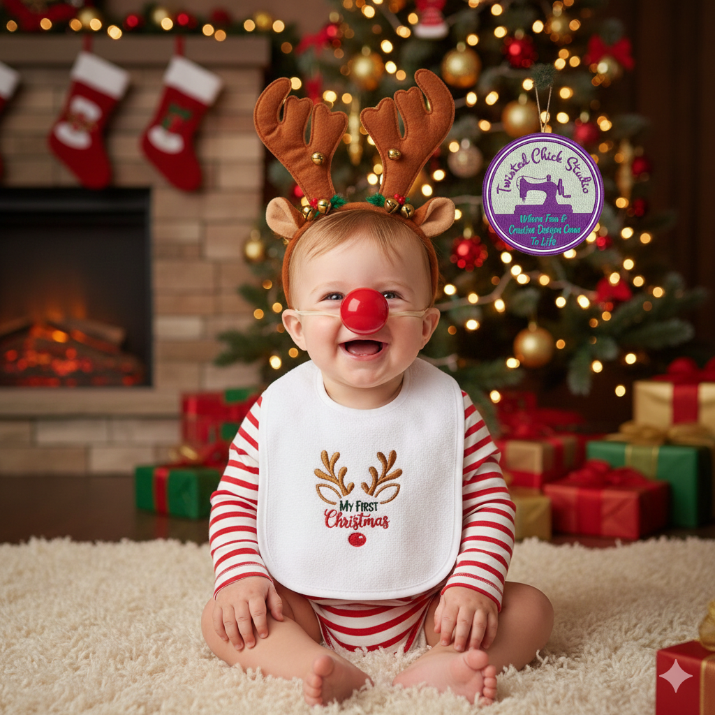 Embroidered My First Christmas with Deer Antlers - 3+ Months