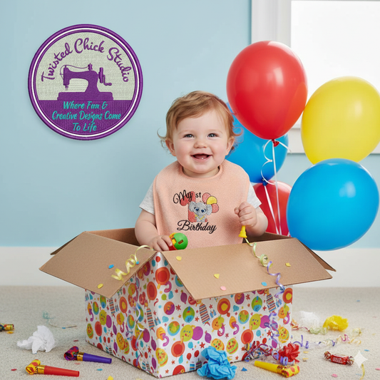 Embroidered My First Birthday bib- Pink number and balloons-Infant size