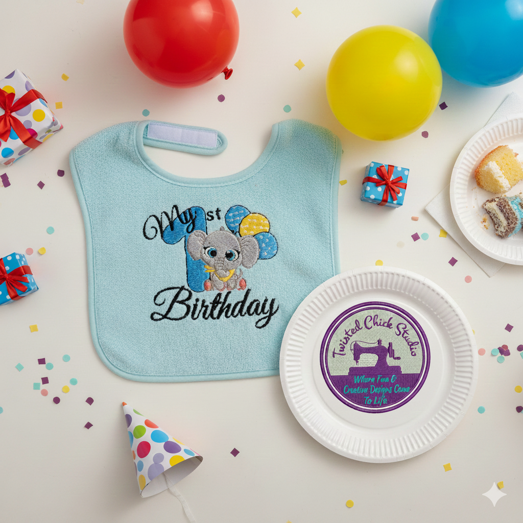 Embroidered My First Birthday bib- Blue number and Balloons- Infant size