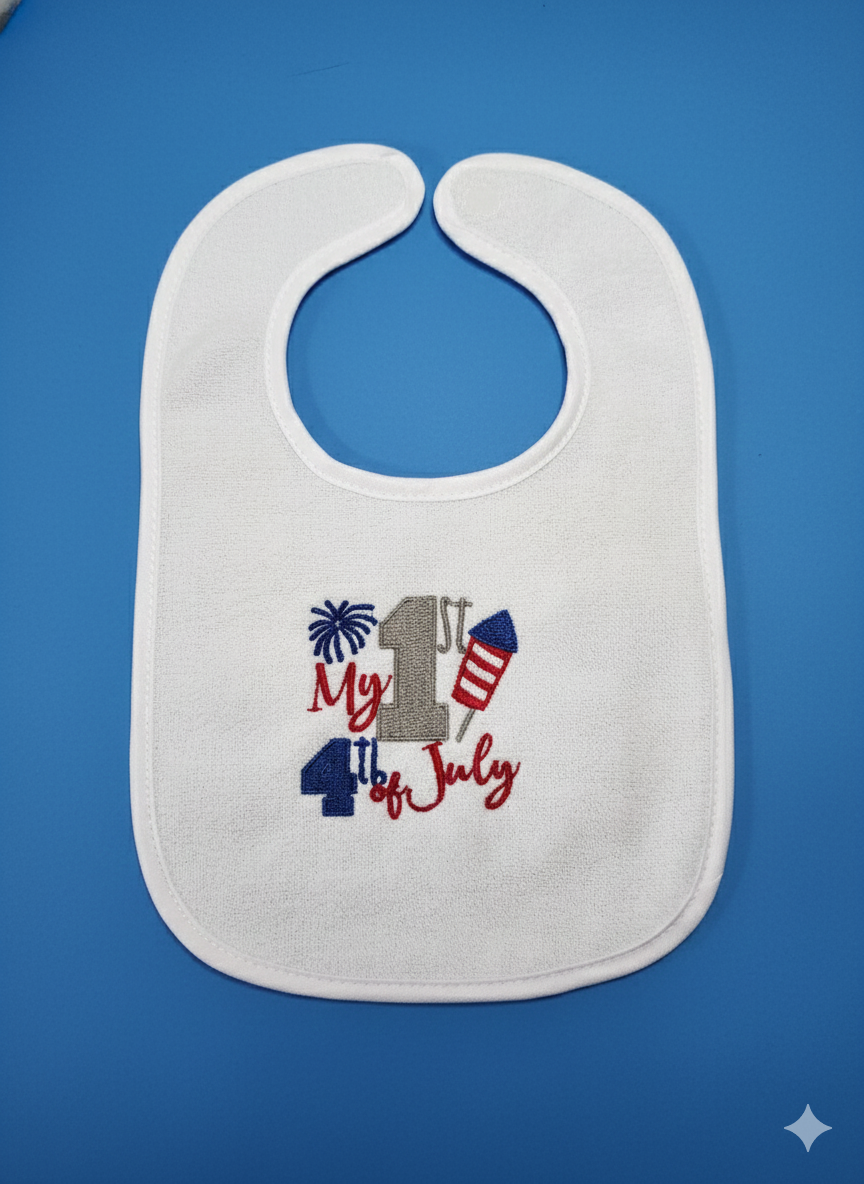 Embroidered My First 4th of July Bib with Rocket and Fireworks - 3+ Months