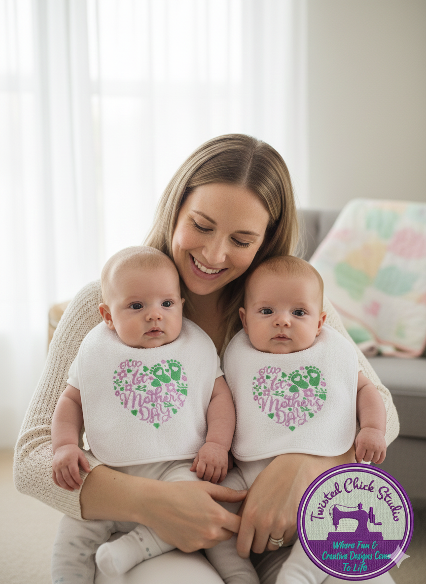 Embroidered Our First Mothers Day Bib-Teal and Lavender Heart