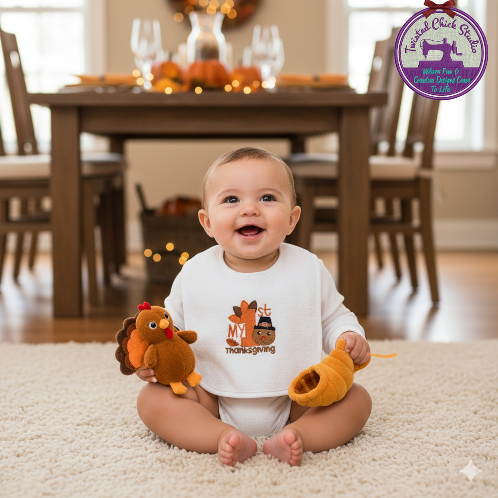 Embroidered My First Thanksgiving Bib With Festive Turkey - 3+ Months