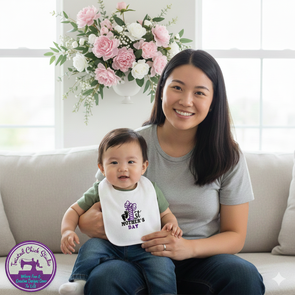Embroidered My First Mothers Day Bib- Purple