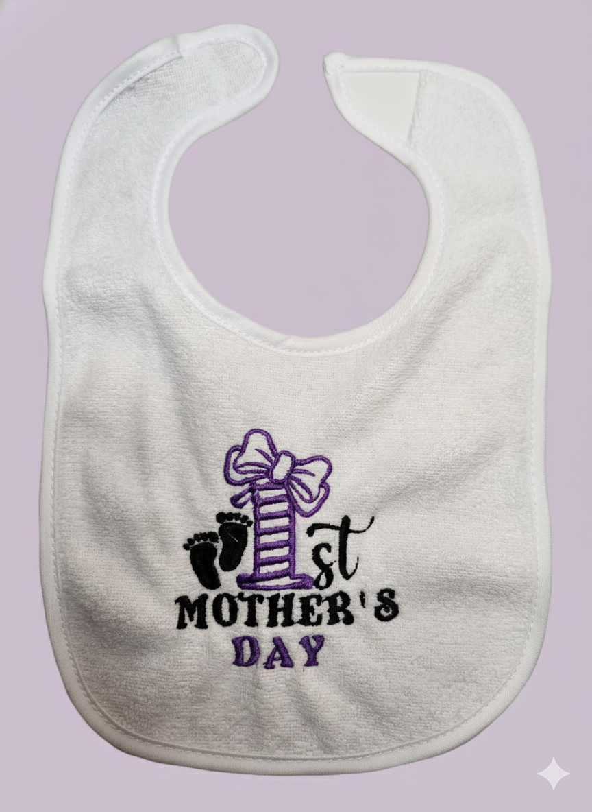 Embroidered My First Mothers Day Bib- Purple
