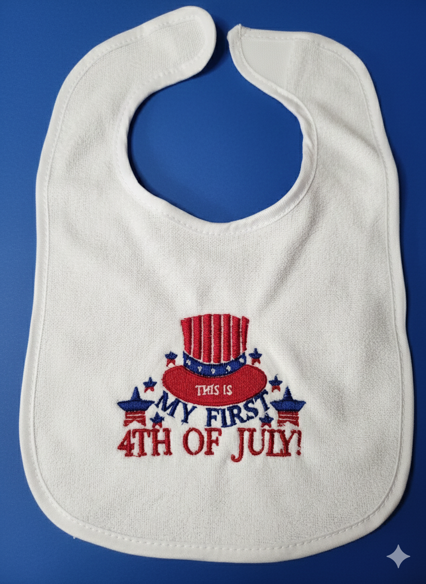 Embroidered My First 4th of July Bib with Patriotic Hat and Stars- 3+ Months