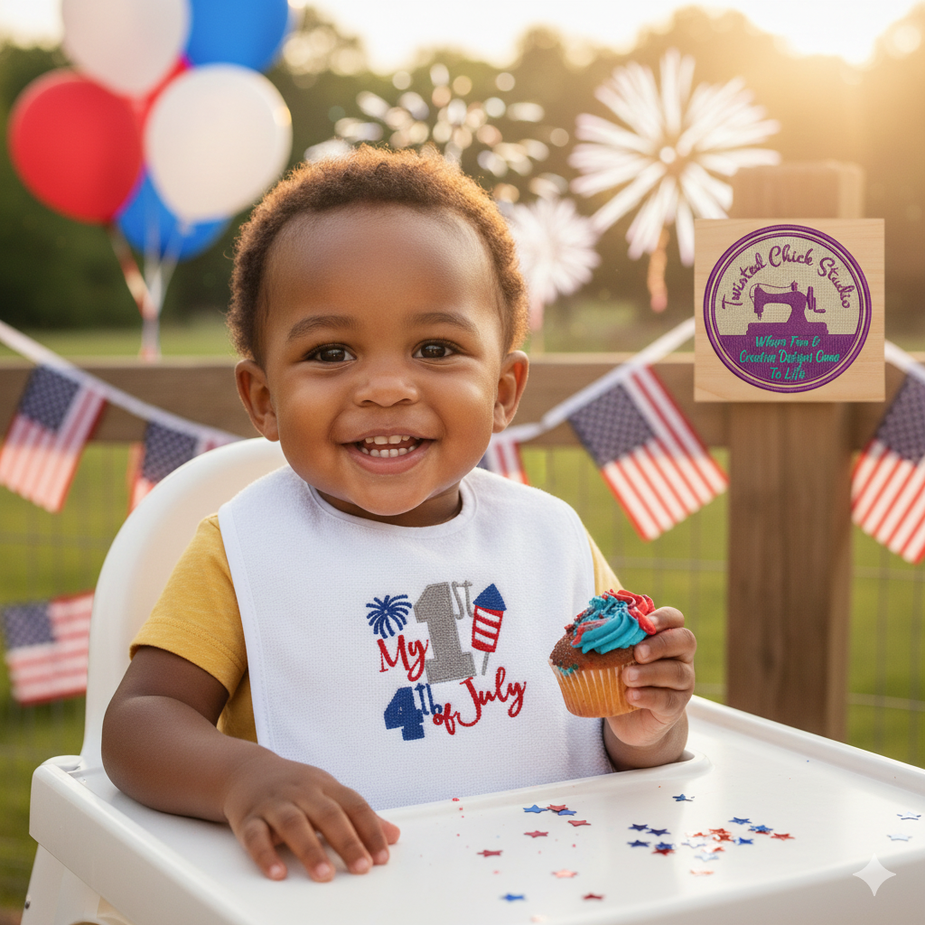 Embroidered My First 4th of July Bib with Rocket and Fireworks - 3+ Months