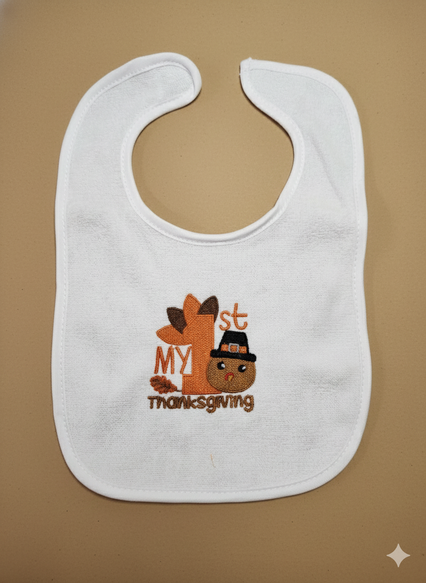 Embroidered My First Thanksgiving Bib With Festive Turkey - 3+ Months