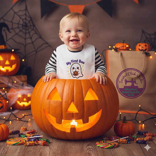 Embroidered My First Halloween Bib with Playful "My First Boo" Ghost - 3+ Months