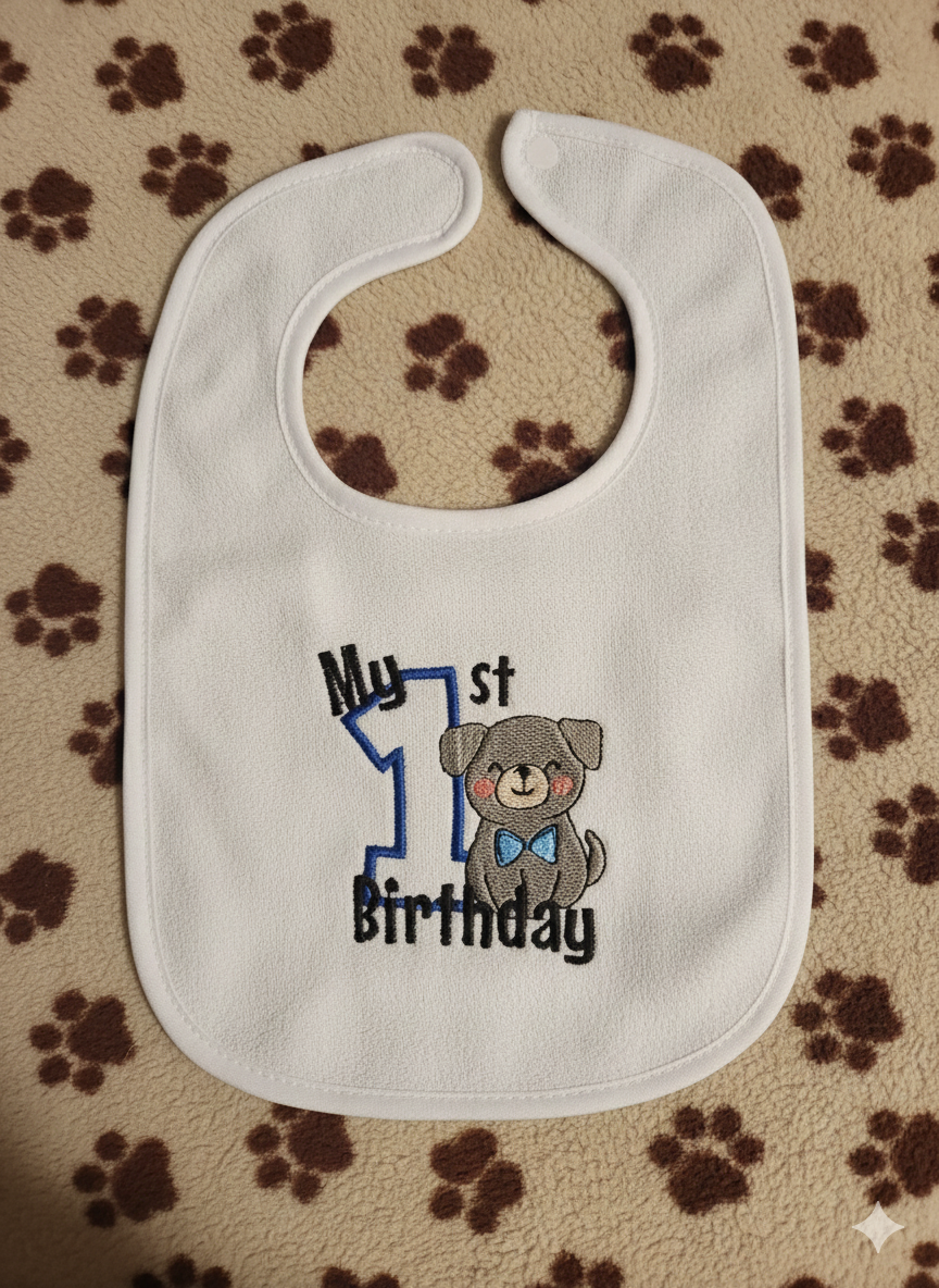 Embroidered My First Birthday Bib-Blue with Puppy