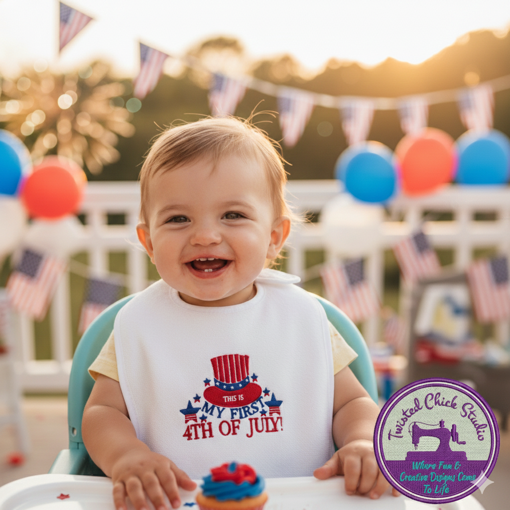 Embroidered My First 4th of July Bib with Patriotic Hat and Stars- 3+ Months
