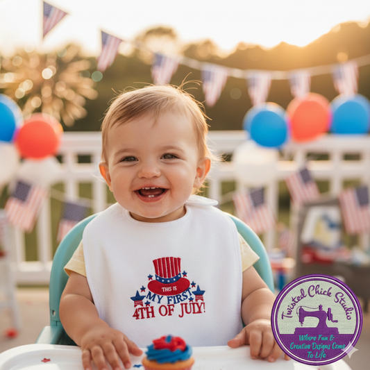 Embroidered My First 4th of July Bib with Patriotic Hat and Stars- 3+ Months