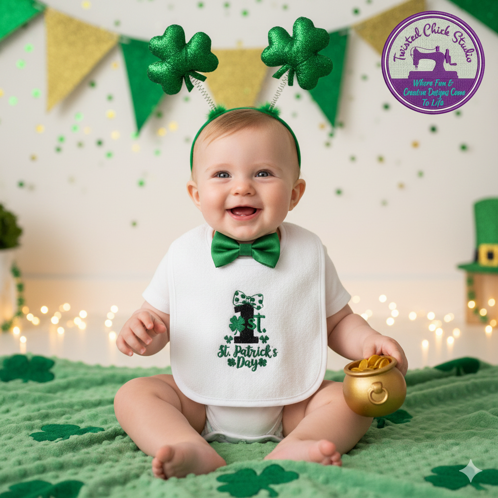 Embroidered My First St Patrick's Day Bib with cute bow - 3+ Months