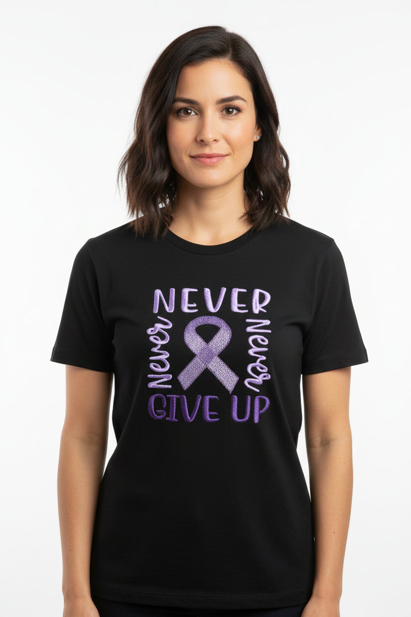 Never give up Illness Support Ribbon- Custom embroidered T shirt