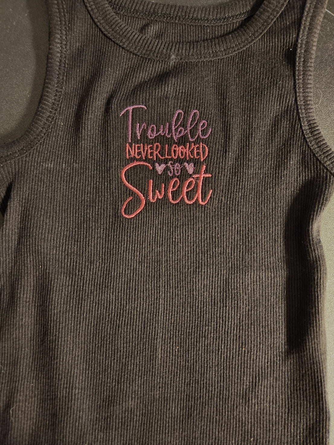 "Trouble Never Looked...." Embroidered Toddler Tank Top