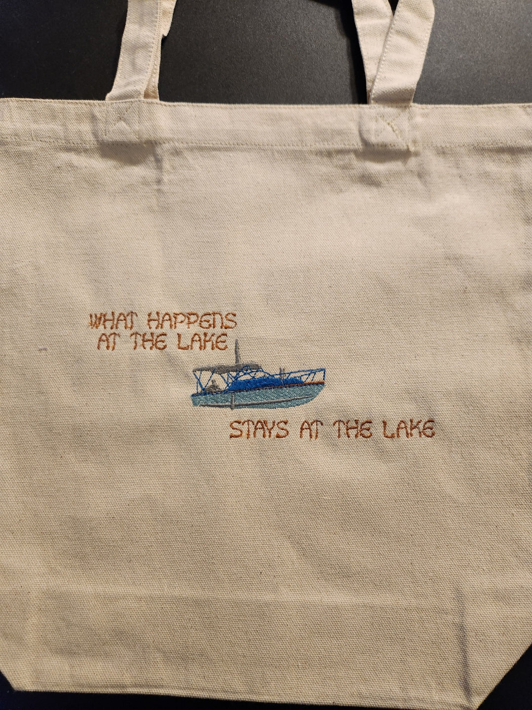 "What happens at the lake" Embroidered Tote