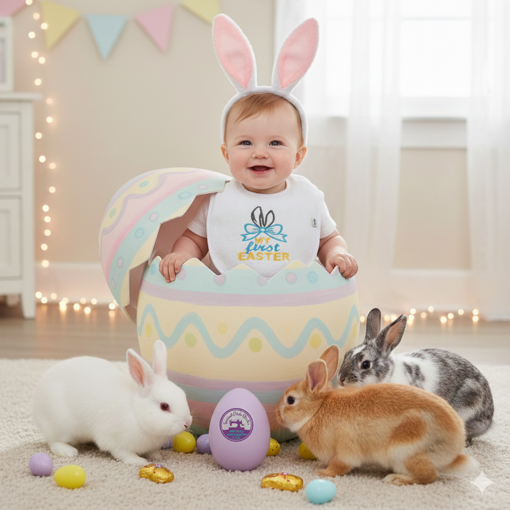 Embroidered My First Easter Bib with Bunny Ears and Blue Bow- Infant size