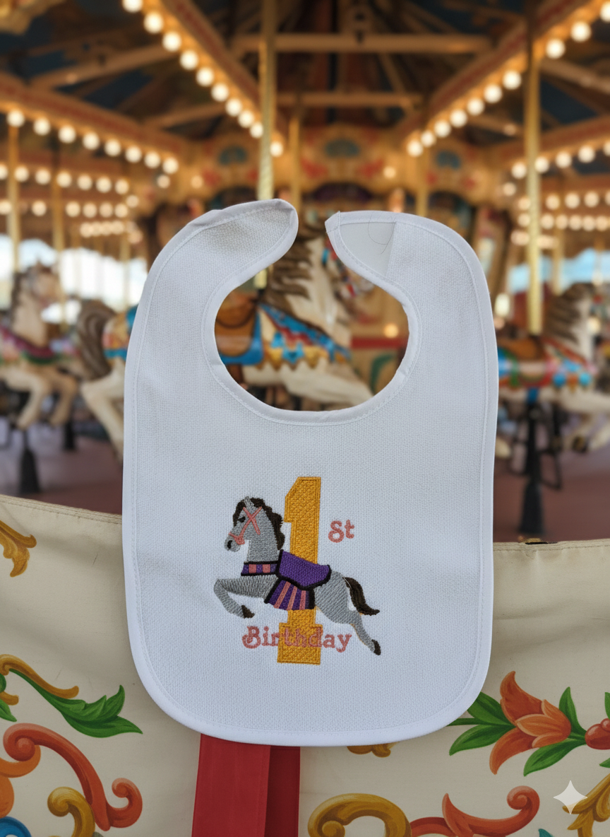 Embroidered My First Birthday Bib-Pink and Purple Carousel horse